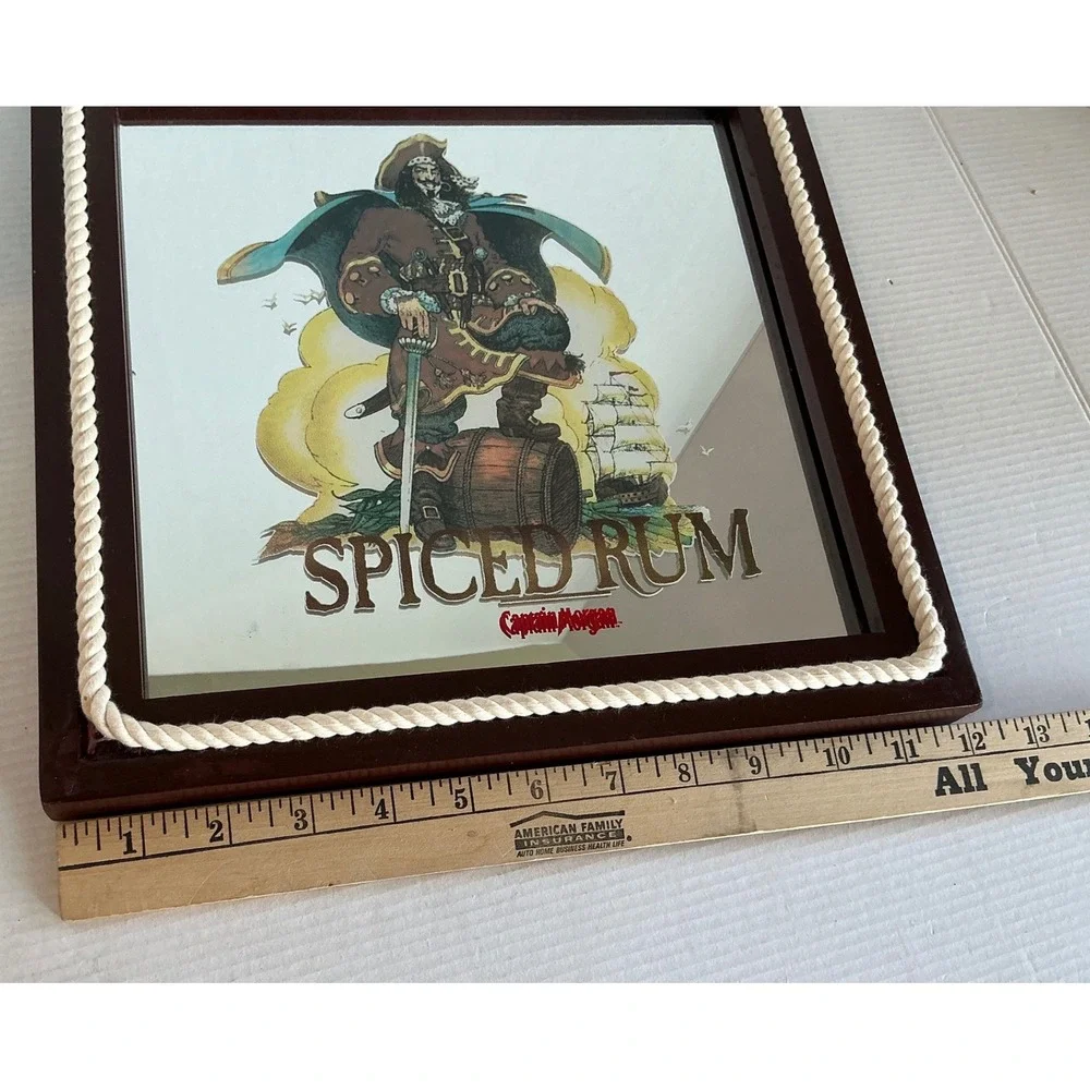 Captain Morgan Spiced Rum Bar Mirror Nautical Rope Frame 13x13 Tavern Decor